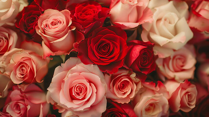 Naklejka premium An elegant close-up of a vibrant bouquet featuring fresh red, pink, and white roses in full bloom, symbolizing love, romance, and natural beauty