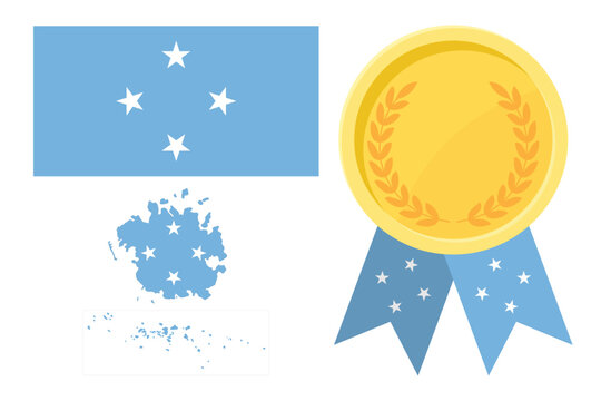 Federated States of Micronesia flag with map and gold medal in set for web and banners or app and games