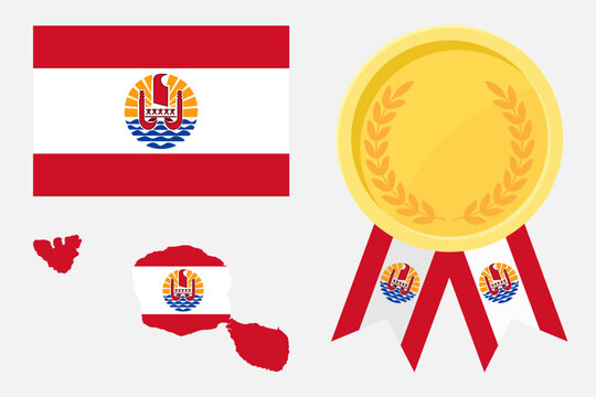French Polynesia flag with main map and gold medal in set for web and banners or app and games