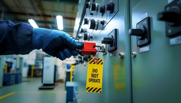 Professional industrial technician carefully implements a lockout tagout procedure by affixing a vital red safety device and a prominent "do not operate" warning tag to an electrical control panel