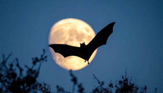 Silhouette of a bat flying in front of a full moon.