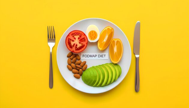 Selection of low fermentable oligosaccharides, disaccharides, monosaccharides and polyols diet foods including avocado, tomato, orange, egg, and almonds presented on a white plate with cutlery set