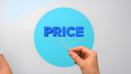Fototapeta premium A human hand carefully adjusts the factors influencing market value, symbolically holding multiple strings connected to the bold 3D word 'PRICE' displayed prominently on a vibrant blue circular