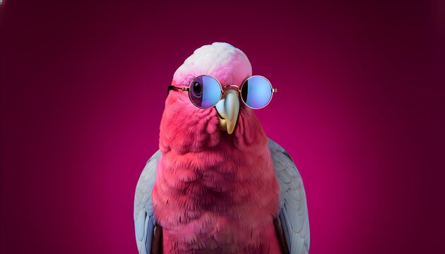 Stylish galah parrot bird portrait featuring round mirrored sunglasses against a vibrant magenta background showcasing cool avian fashion.