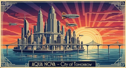 Retro futuristic metropolis rises from the water against a dramatic, stylized sunset