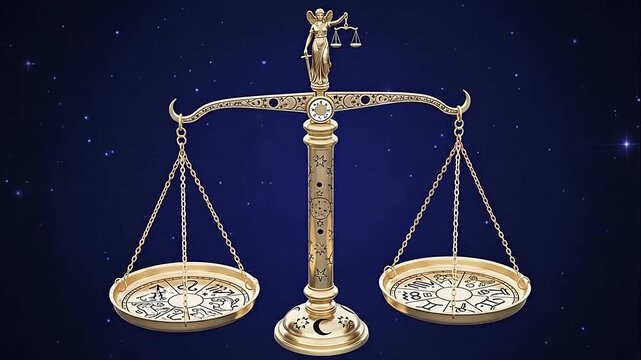 Golden Scales of Justice with Ancient Clocks on Starry Night Background