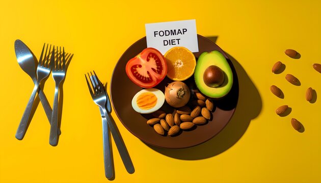 Concept image illustrating the low fermentable oligosaccharides disaccharides monosaccharides and polyols food plan with fresh ingredients and metal cutlery arranged on bright yellow