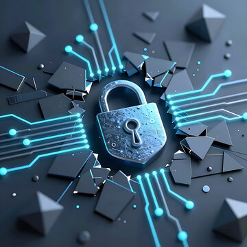 secure connection or cybersecurity service concept of compute motherboard closeup and safety lock with login and connecting verified credentials as wide banner design - Generative AI