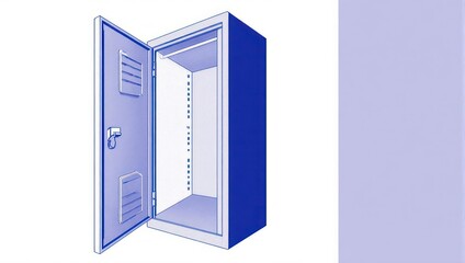 Blue metal cabinet with open door, storage and ventilation design.