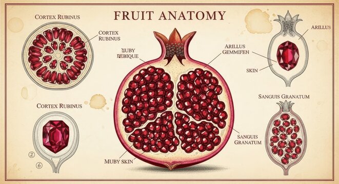 Detailed illustration displays the internal and external structures of a ripe fruit, referencing botanical terms