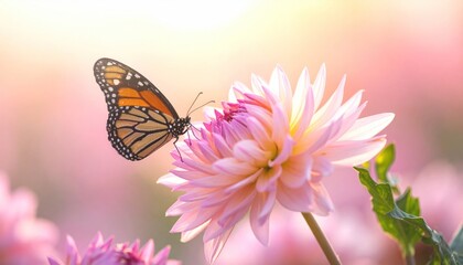 Obraz premium Monarch Butterfly on a Pink Dahlia Flower in Soft Sunlight.