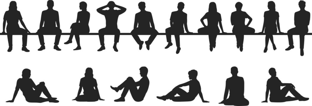 Diverse group of people in silhouette sitting and lounging on a white background vector illustration