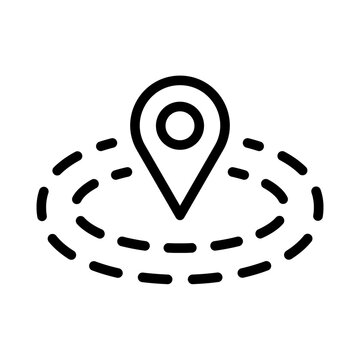 A line icon depicting a location pin surrounded by a dashed circular boundary representing a virtual perimeter