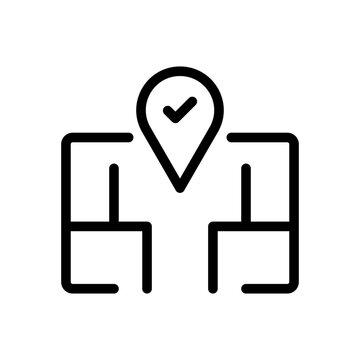 A line icon featuring a location pin with a checkmark on a map layout signifying a successful arrival or check-in