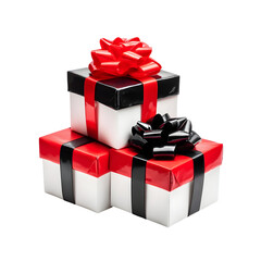 Obraz premium Stacked gift boxes with red and black bows and ribbons against transparent background