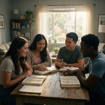 Group of Diverse Young Adults Engaging in a Small Group Bible Study at Home created with Generative AI Technology, ai, generative