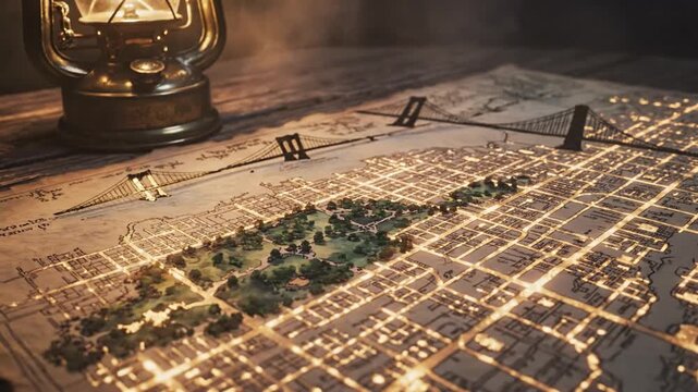 Glowing lantern beside an aged map, warm light illuminating creased parchment and wooden surface