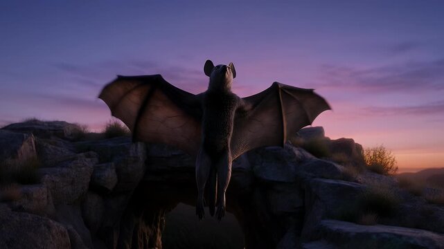A fluffy bat with spread wings stands on a rock during twilight