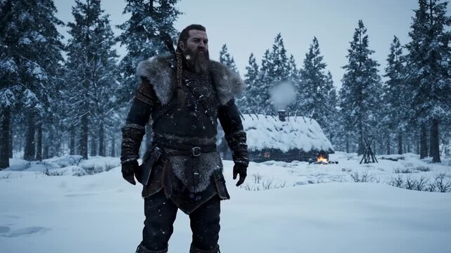 A figure with an axe stands in snowy forest, near a cabin