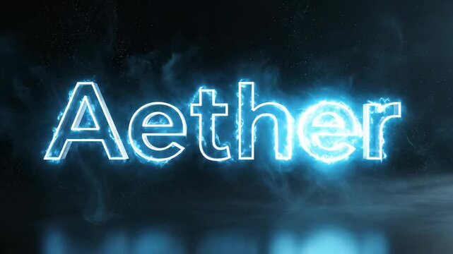 Neon Light Text Aether with Smoke Effects in Dark Background.
