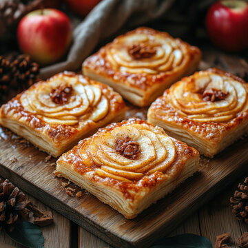 Apple cinnamon rolls with pecans, freshly baked, golden-brown and glossy, on a cooling rack.