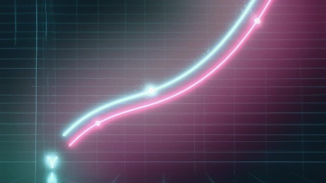 Vibrant neon digital. Bright neon lines ascend over vintage digital matrix scene. Cinematic animated neon graph featuring pulsating nodes and energetic spark particles