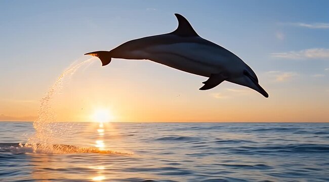 A dolphin leaps from ocean waves into a golden sunset sky