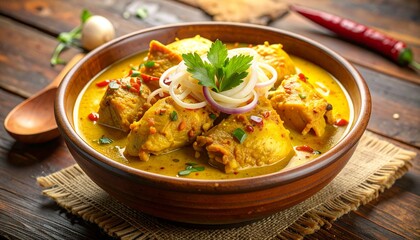 A bowl of curry with chicken and herbs on a rustic wooden table with a spoon and spices.