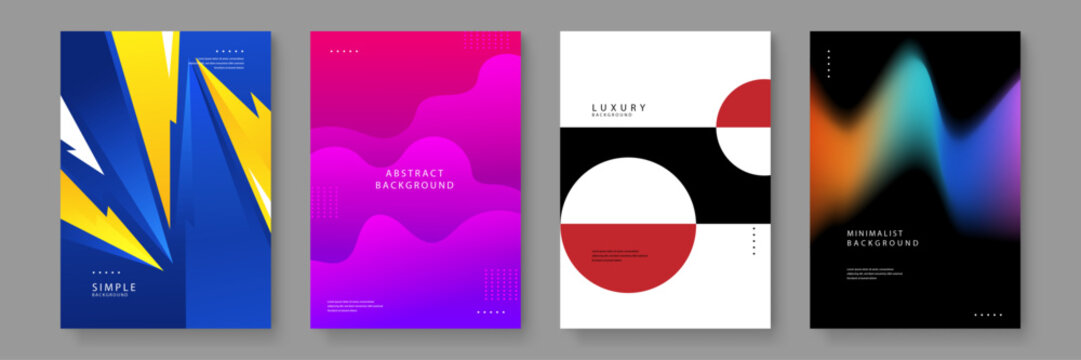 Set of four unique abstract posters featuring sharp blue angles pink waves geometric circles and fluid colorful gradients for versatile branding