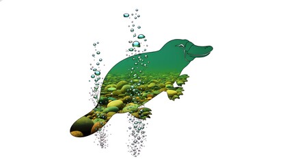 Naklejka premium Artistic representation of a stylized platypus silhouette filled with an underwater riverbed scene featuring rounded stones and rising air bubbles against a stark white background