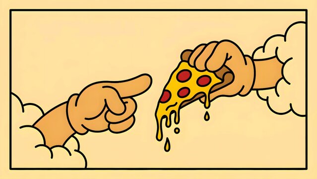 Minimalist cartoon illustration depicts a humorous pop culture reference to Michelangelo's creation of Adam using hands exchanging a dripping pepperoni pizza slice