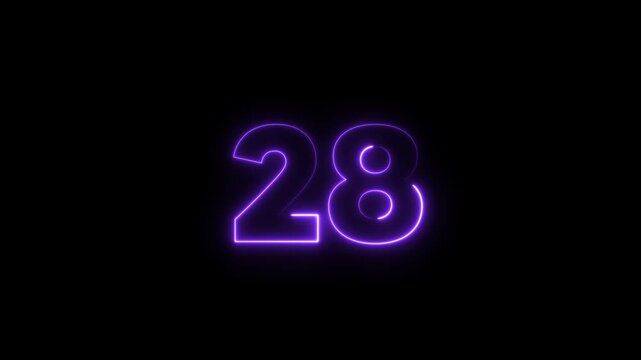 Neon number 28 text outline border frame style animation on black background.