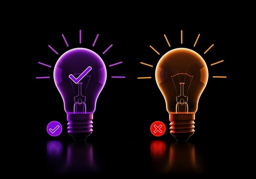 Light bulbs with checkmark and cross symbols on black background for concepts of good and bad ideas or correct and incorrect choices