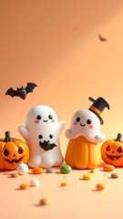 Obraz premium Two ghosts with pumpkins and candy on orange background