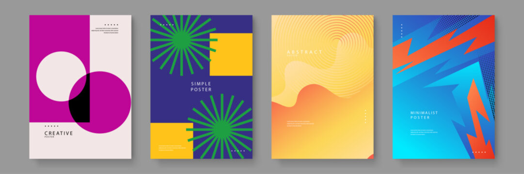 A set of four contemporary posters using bold geometric shapes flat colors and textured gradients for modern visual communication