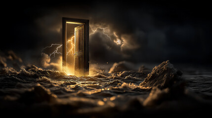 Fototapeta premium Decay sparks renewal. Ancient door amidst shimmering sparks and mist. Cracked door with golden glow surrounded by mist and burning embers