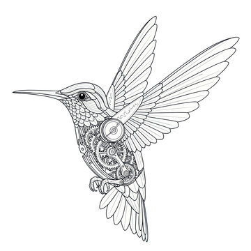 Steampunk hummingbird with intricate clockwork gears, line art illustration