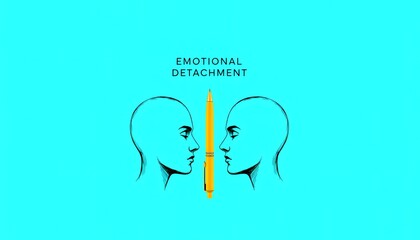 Abstract illustration depicting emotional detachment between two profiles separated by a bright yellow writing instrument against a vibrant cyan background symbolizing communication barriers.