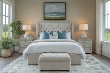 Fototapeta premium Bright bedroom features tufted headboard, lamps, & landscape art above. It can be used to illustrate interior design or real estate concepts.
