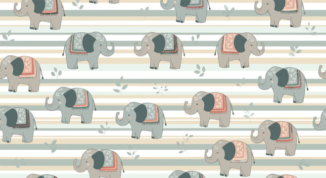 Seamless pattern for kids featuring cute grey elephants with patterned blankets on a background of soft pastel horizontal stripes.