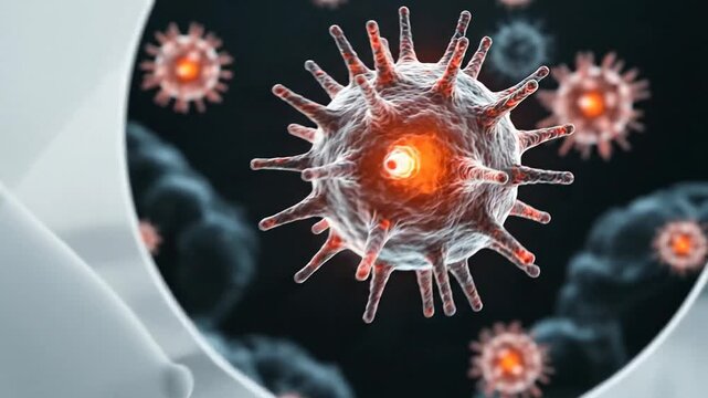 Medical illustration of breast cancer cells magnified with a laboratory magnifying glass showing abnormal cells and tumors in a sterile hospital
