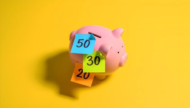 A traditional pink ceramic piggy bank symbolizing prudent financial saving and smart investment strategies, adorned with three distinct colorful sticky notes indicating different percentage
