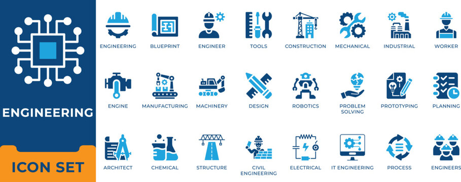 Industrial civil engineering architecture blueprint and mechanical construction vector icon set