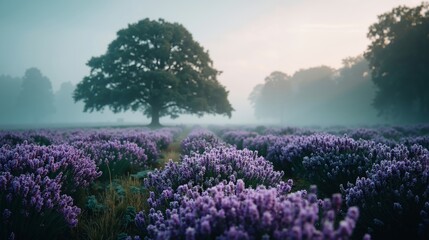 Fototapeta premium A field of lavender with a lone tree in the middle of it