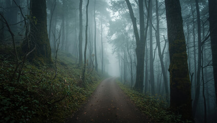 Obraz premium Foggy forest pathway lined with mossy trees and soft mysterious light