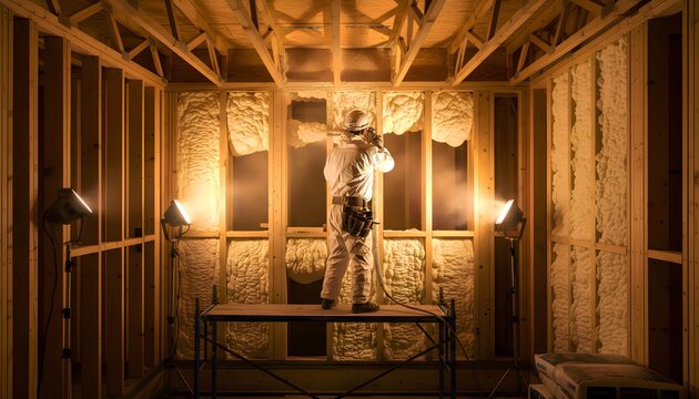 Professional construction worker wearing a full protective suit diligently applies spray foam insulation to the interior wall cavities of a newly framed building, ensuring optimal thermal efficiency