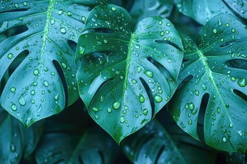 Fototapeta premium Three Monstera leaves are covered with water droplets, close up. Use this for natural, tropical, or botanical designs and backgrounds.