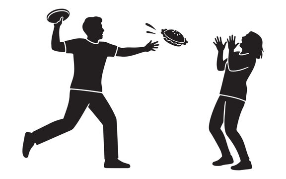 Man throwing a cream pie at a surprised woman face practical joke and prank illustration