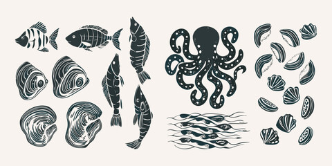 Vintage style illustration of various marine life and oceanic elements © Mamata