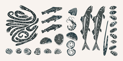 Vintage style illustration of various sea creatures and shellfish © Mamata